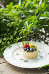 Delicious Fruit Tart: A delectable fruit tart, adorned with fresh berries and kiwi slices, sits on a pristine white plate.