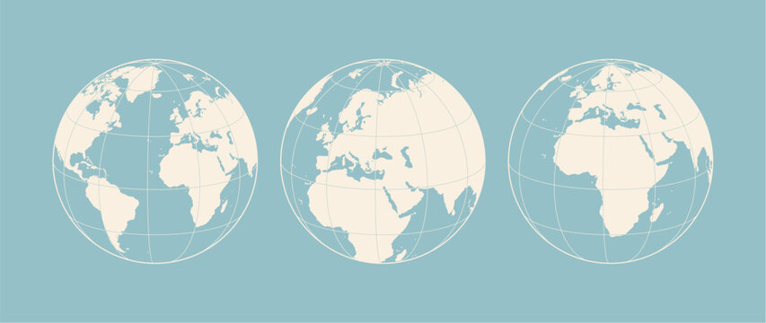 Globe, map, Europe Asia Africa. Earth globe with continents, Europe, Asia, Africa globe set. Map of Europe Asia Africa, EU globe sign, symbol, circle. Vector Illustration