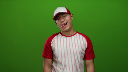 Fototapeta premium Young man in a baseball uniform playfully poses against a vivid green wall, showcasing a joyful and humorous expression.
