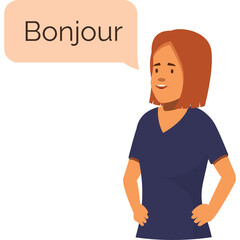 Cartoon Woman Saying Bonjour With A Speech Bubble Over Her Head Wearing A Blue V Neck T Shirt And Short Brown Hair Isolated On White Background © yrfg