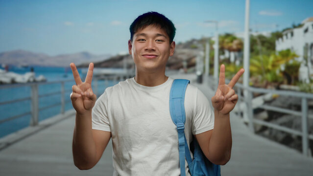 Young man smiling and posing with peace signs near scenic seaside promenade, wearing casual white shirt and blue backpack, with blurred beach and ocean background under clear sky.