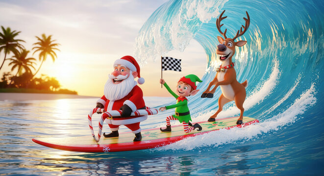Santa, cheerful elf and a smiling reindeer surf a giant wave together during a fun tropical Christmas sunset. - Powered by Adobe