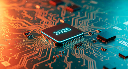 Close-up view of a microchip with glowing numbers 2026 on a circuit board, showcasing intricate electronic pathways and components, symbolizing future technology and innovation