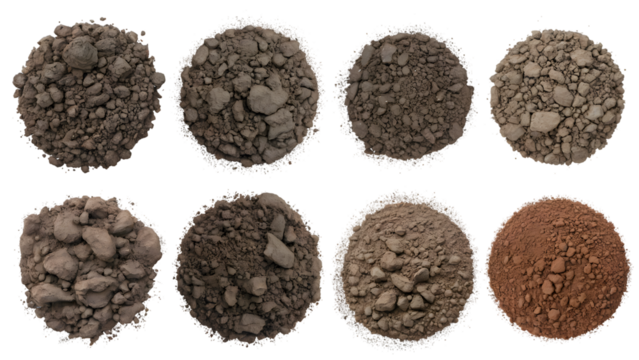 assortment of textured soil samples displayed, showing  variations in composition and color. . Isolated on transparent background, png