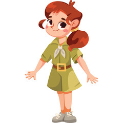 Cartoon young girl in scout uniform with brown pigtails smiling and standing against a transparent background suitable for festive themes