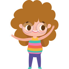 Cartoon young girl with curly brown hair wearing colorful striped shirt and blue pants with large glasses raising hands in a happy gesture on transparent background