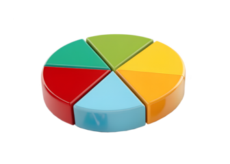 Colorful segmented pie chart with six distinct sections representing data and analysis isolated on transparent background