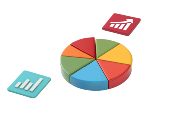 Colorful 3d pie chart with upward trending graph icons symbolizing financial growth and business analytics isolated on transparent background