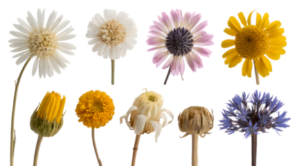 collection of diverse floral specimens exhibits intricate textures and forms. Isolated on transparent background, png
