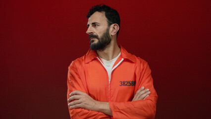 Hispanic man with a beard wearing an orange prison jumpsuit stands against a bold red background, exuding a serious demeanor.