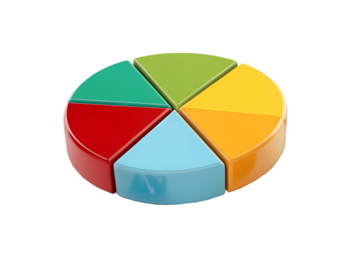 Colorful segmented pie chart with six distinct sections representing data and analysis isolated on transparent background