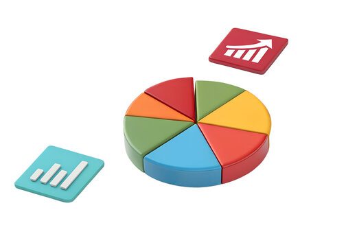 Colorful 3d pie chart with upward trending graph icons symbolizing financial growth and business analytics isolated on transparent background