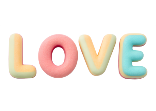 Colorful puffy marshmallow letters spelling out the word love isolated on transparent background