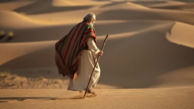 Old man with gray hair walks alone in the desert with a staff, biblical Moses concept footage