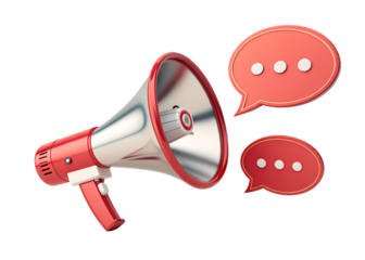 Bright red megaphone with two orange speech bubbles indicating communication and announcement isolated on transparent background
