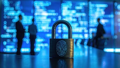 Digital padlock with fingerprint symbol representing cybersecurity data protection and digital privacy in modern technology environment