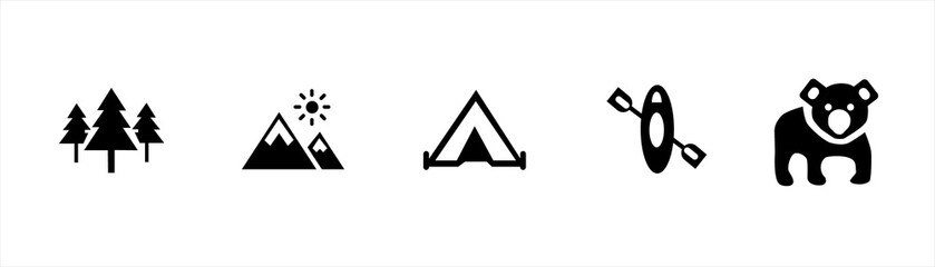 Camping and outdoor adventure icon set for travel, hiking, and nature design projects
