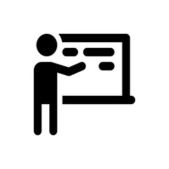 Instructor giving presentation on a whiteboard with marker in hand in a classroom setting icon style
