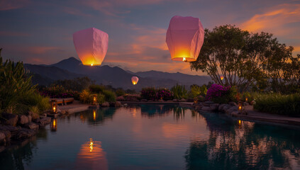 Two glowing sky lanterns ascend into a twilight sky over a calm reflective body of water