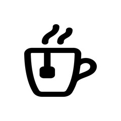 A simple black outline drawing of a tea cup with steam and a tea bag inside on a white background image