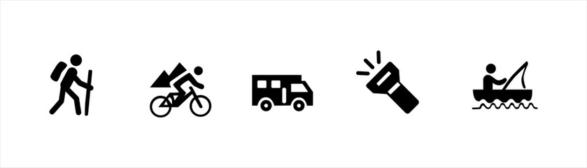 Camping and outdoor adventure icon set for travel, hiking, and nature design projects