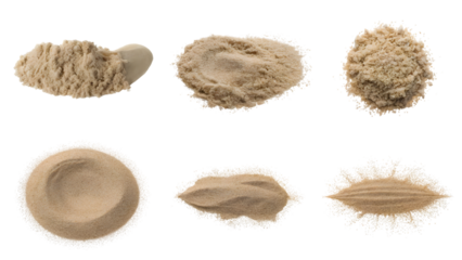 a collection of fine sand displayed,  beach, desert and artistic texture, the sand offers versatility and aesthetic appeal.  Isolated on transparent background, png
