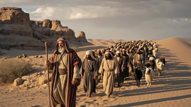 Elder man with a staff leading people and sheep through a desert landscape in biblical times with rock formations, historical footage