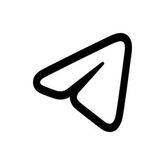 A stylized black outline of a paper airplane with a distinctive shape on a plain white background design