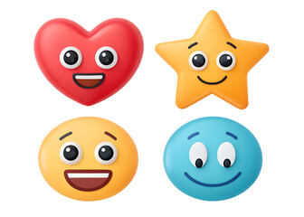 Collection of four cartoonish expressive faces including a happy red heart a cheerful yellow star a laughing emoji and a surprised blue emoji isolated on transparent background