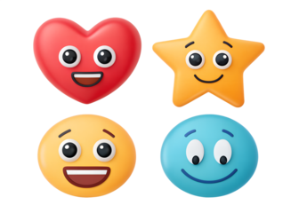Collection of four cartoonish expressive faces including a happy red heart a cheerful yellow star a laughing emoji and a surprised blue emoji isolated on transparent background