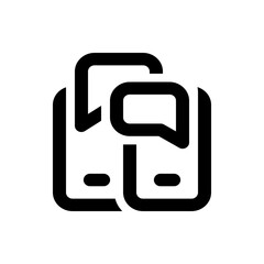 Two smartphones with speech bubbles indicating text messaging or communication in a black and white design