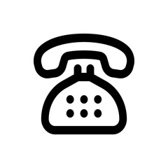Illustration of a classic rotary dial telephone with handset and base in a simple black outline style