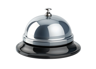 Classic polished chrome hotel reception desk bell with a black base isolated on transparent background