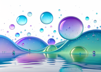 Abstract iridescent bubbles and liquid waves with reflections in a dark cosmic background isolated on transparent background