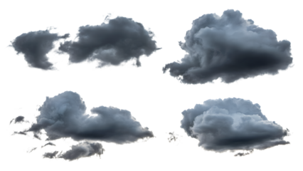ominous collection of four isolated storm clouds . Isolated on transparent background, png