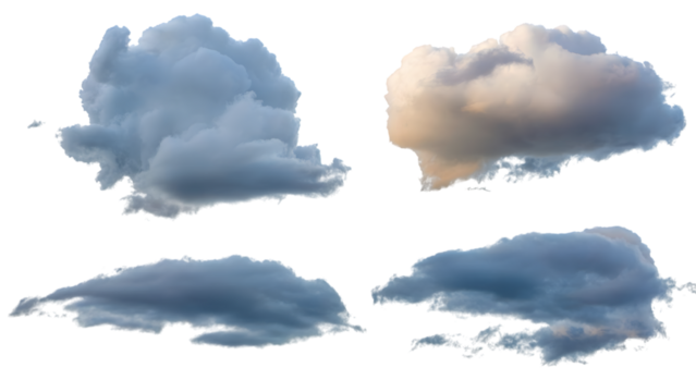 Various cloud formations. Isolated on transparent background, png