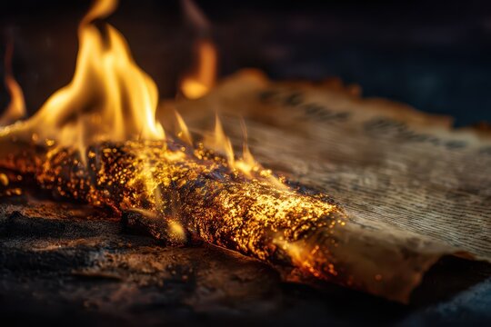 Constitution On Fire. Close Up of Antique United States Document Burning in Bold Flames