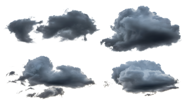 ominous collection of four isolated storm clouds . Isolated on transparent background, png