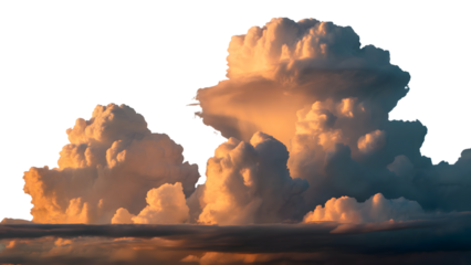  majestic cloud formation, a breathtaking atmospheric spectacle, fluffy, layered textures catching the warm glow of the setting sun.  Isolated on transparent background, png
