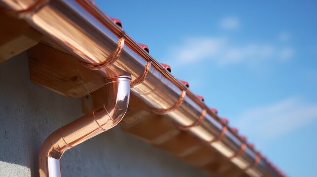 Copper Gutters. Closeup of New Metal Guttering System on House Roof with Rain Drainpipes