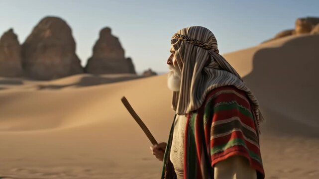 Old man with a staff walking through a vast desert. Biblical prophet like Moses or Abraham on a spiritual journey, religion concept footage.