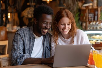 Couple Watching Webinar. Multicultural Colleagues Enjoy Funny Online Presentation on Laptop
