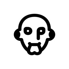 A simple black and white icon depicting a stylized face with exaggerated features and a beard outline design