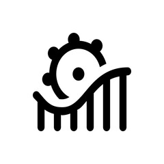A simple black and white icon depicting a roller coaster with a gear at the top of the track design icon