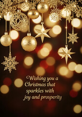 Elegant Gold Christmas Greeting Card with Ornaments Stars Snowflakes and Bokeh Lights Background
