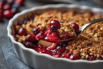 Cranberry Apple Crisp. Close-up of Baked Fruit Crumble in Bowl on Grey Background