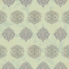 Vintage Arabic Design in Misty Sage Green Fabric with Elegant Floral Texture