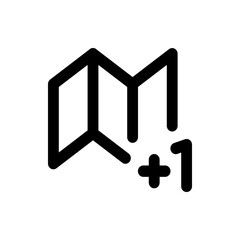 A simple black and white icon depicting a folded map with a plus sign and the number one next to it icon