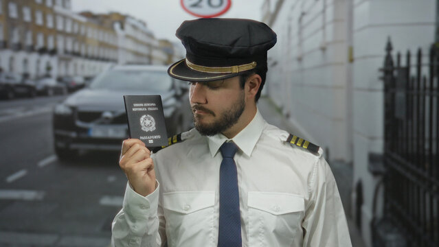 Fototapeta Young man in uniform stands outdoors on a street holding an italian passport, near a car in an urban setting under a speed sign.