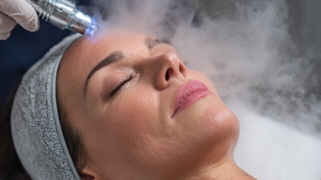 Cryo Facial Treatment: Beautiful Woman Experiencing Local Cryotherapy Therapy